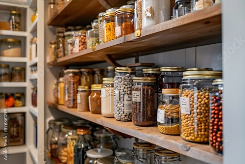 Jars with different types of spices on wooden shelves in pantry