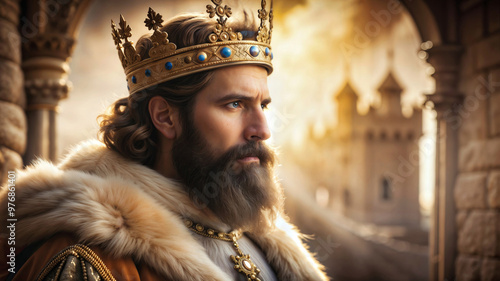 A king with a crown on his head and a beard with a blurry background of an ancient castle