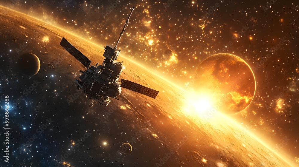 Solar System with Spacecraft: A spacecraft navigating through the solar system, passing close to planets like Mars and Jupiter.
Solar System with Spacecraft: A spacecraft navigating through the solar system, passing close to planets like Mars and Jupiter.