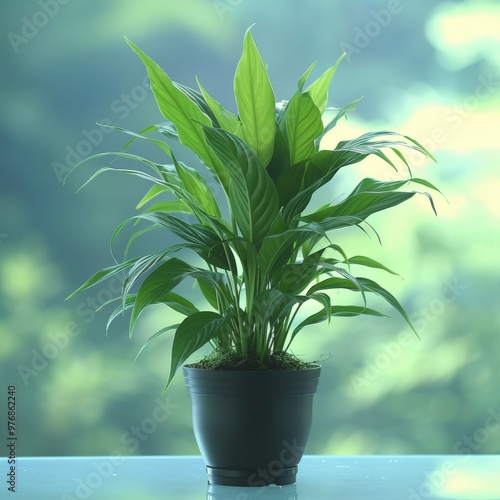 Bright green indoor plant basking in natural light near a window in a tranquil setting