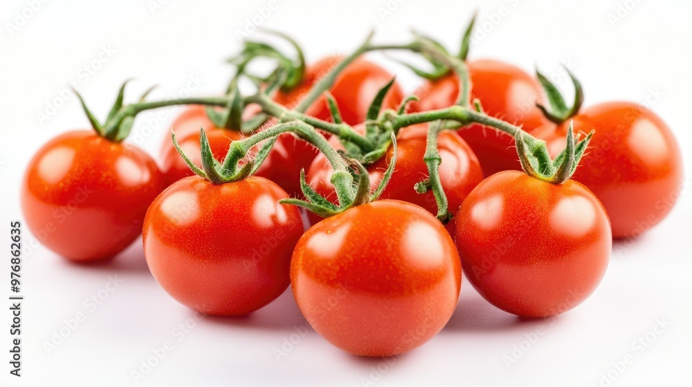 Fresh, plump red tomatoes set against a white backdrop, perfect for creating tomato sauce. Fresh, plump red tomatoes set against a white backdrop, perfect for creating tomato sauce.