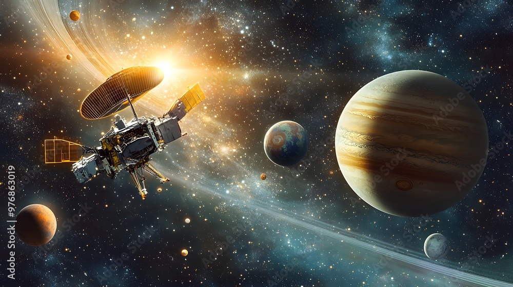 Naklejka premium Solar System with Spacecraft: A spacecraft navigating through the solar system, passing close to planets like Mars and Jupiter. 