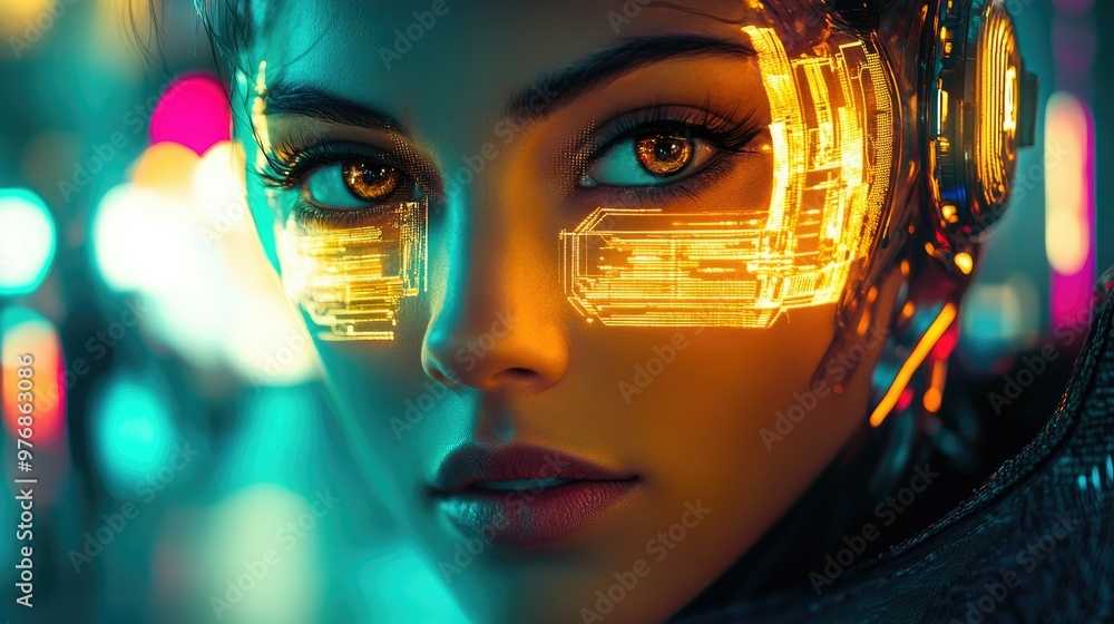 Futuristic cyborg woman with glowing neon lights illuminating her face, surrounded by vibrant cyberpunk atmosphere. Futuristic cyborg woman with glowing neon lights illuminating her face, surrounded by vibrant cyberpunk atmosphere.