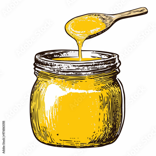 Honey Jar with Spoon Dripping Golden Sweetness