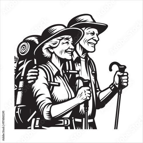 Happy senior couple hiking with trekking sticks vector illustration silhouette