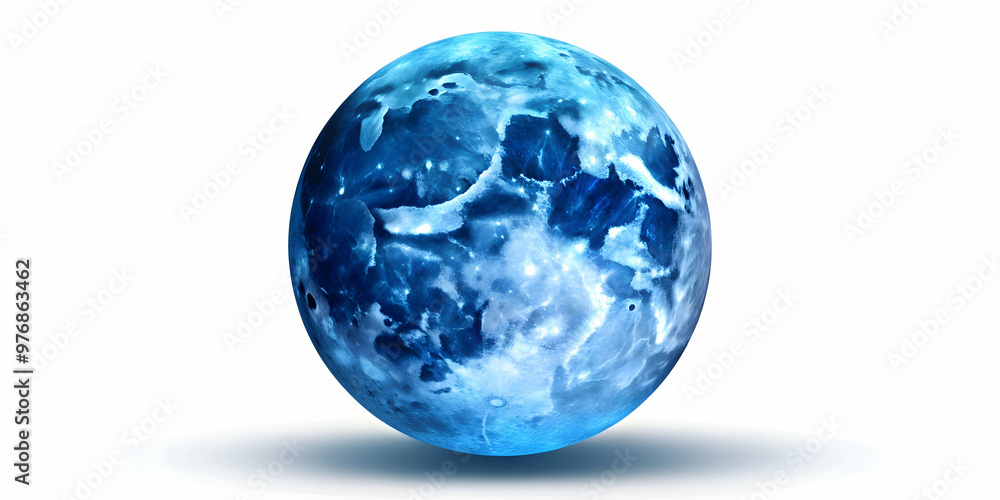 Surreal and realistic blue moon isolated on white background with intricate details and shadows