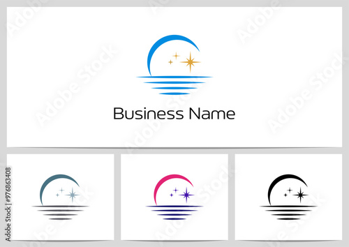 Crescent Moon Horizon Land Sea Stars Logo Design
