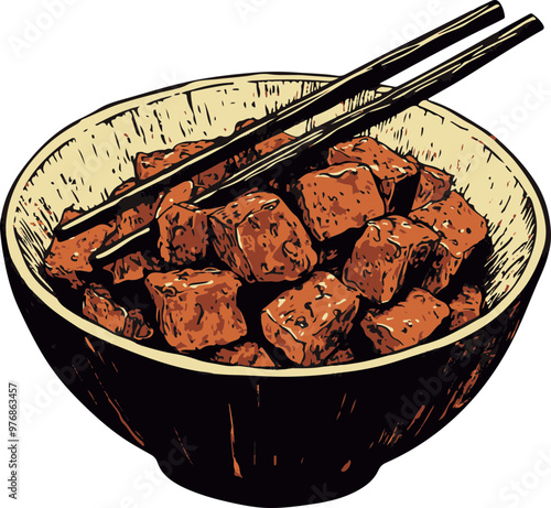 Illustration of a Bowl of Tofu with Chopsticks