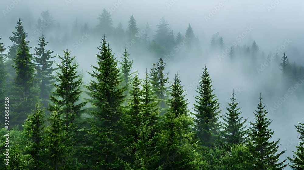 Misty mountain landscape with coniferous forest Misty mountain landscape with coniferous forest