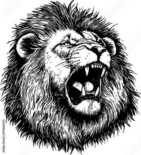 Illustration of a Roaring Lion Head in Black and White