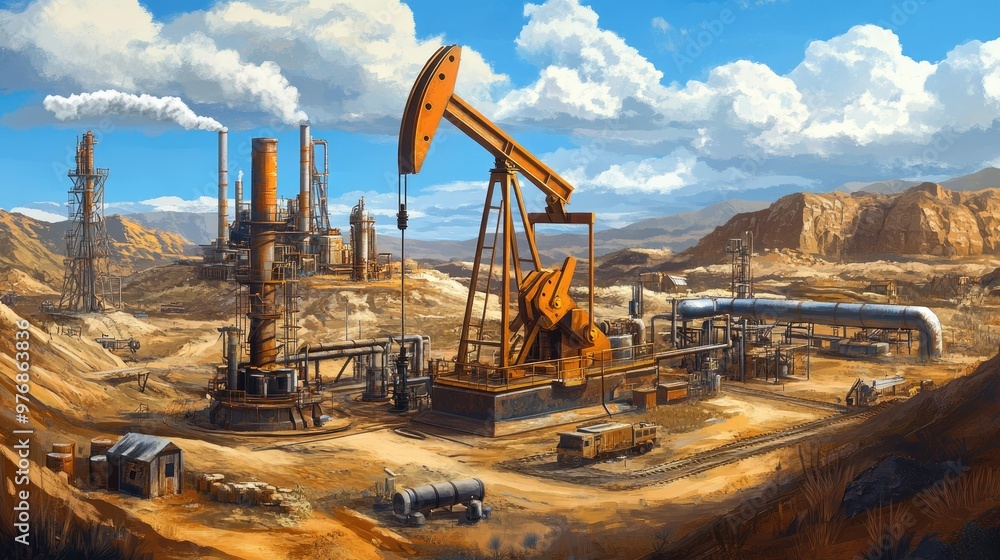 Industrial oil pump at a gas mining site, surrounded by machinery, pipes, and rugged landscape, representing energy production. Industrial oil pump at a gas mining site, surrounded by machinery, pipes, and rugged landscape, representing energy production.
