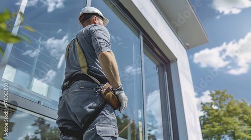 Professional Window Fitter in Gray Workwear Installing Large Glass Windows on a Sunny Day