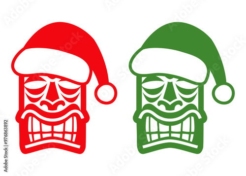 Navidad en Hawái. Logo con silueta de máscara tiki con sombrero de Santa Claus para tarjetas y felicitaciones