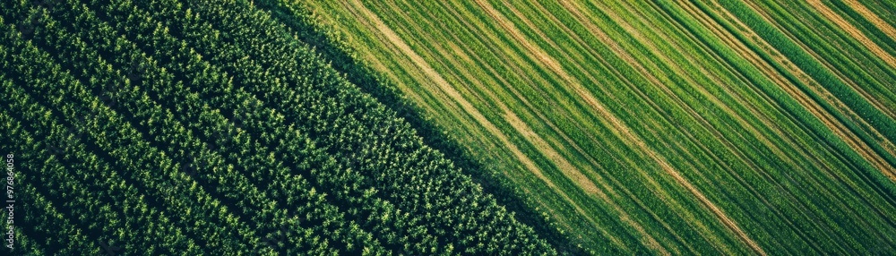 Aerial View of Green Fields with Diagonal Lines