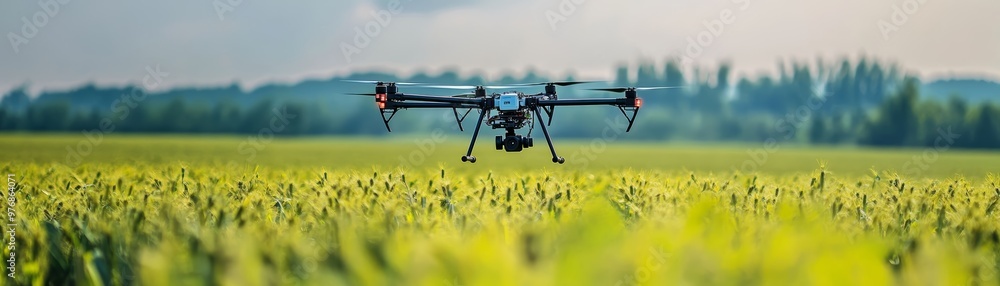 Drone Flying Over Wheat Field Agriculture Technology Farming Drone Flying Over Wheat Field Agriculture Technology Farming