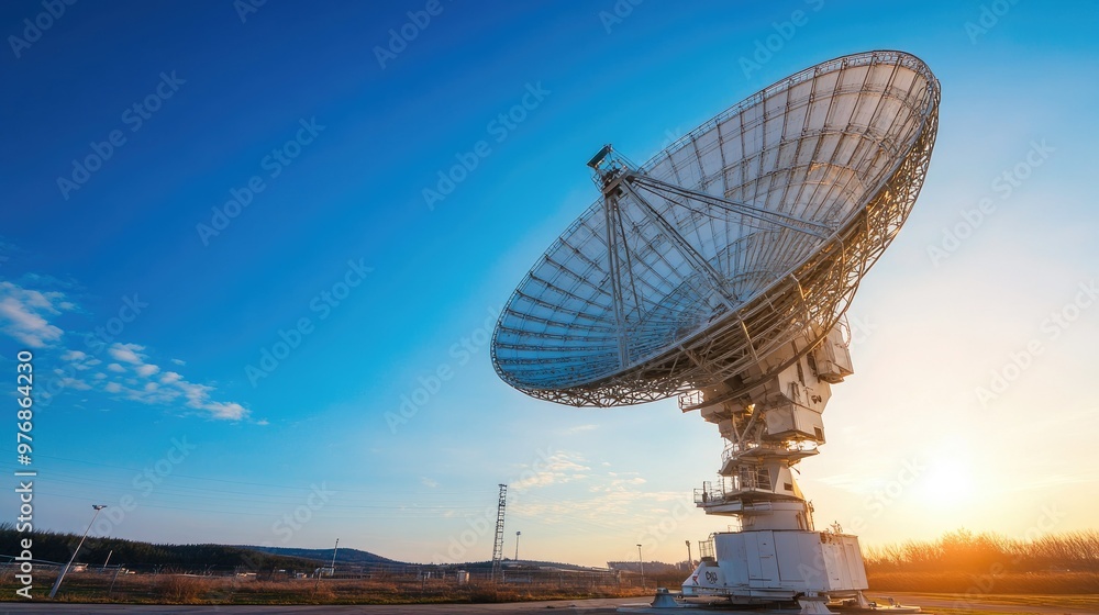 Large white satellite dish radio telescope pointing to the sky, clear blue background, outdoor scene of technology. Large white satellite dish radio telescope pointing to the sky, clear blue background, outdoor scene of technology.