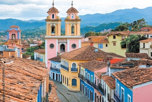 Colorful Colonial Cityscape in Brazil Historical Architecture, Churches, and Lush Mountains