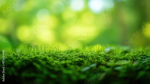 Lush green moss in focus, growing on a rainforest floor, with the blurred nature in the background creating a soft, serene mood.