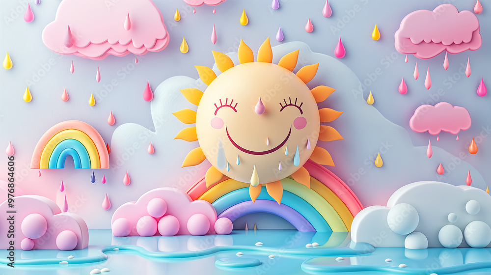 Whimsical 3D Scene with Clouds, Rainbow, and Smiling Sun Whimsical 3D Scene with Clouds, Rainbow, and Smiling Sun