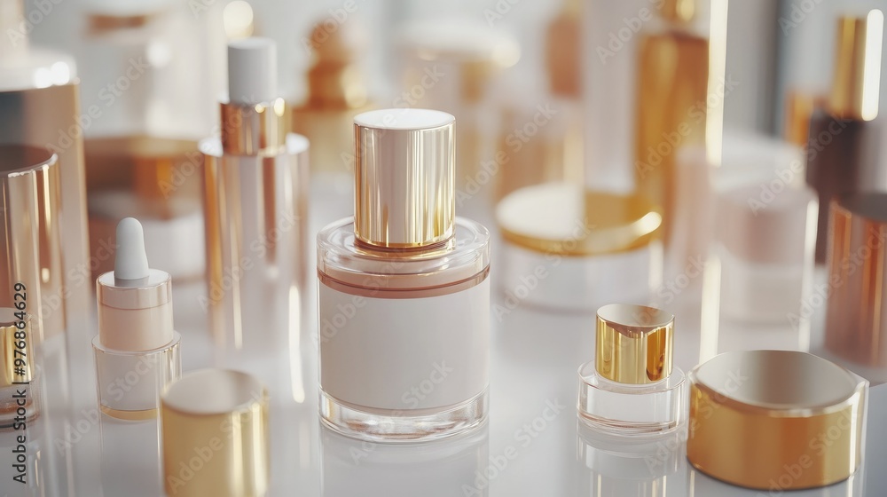 Luxurious cosmetic bottles and jars on a pristine white surface, leaving plenty of room for promotional details or design elements. Luxurious cosmetic bottles and jars on a pristine white surface, leaving plenty of room for promotional details or design elements.