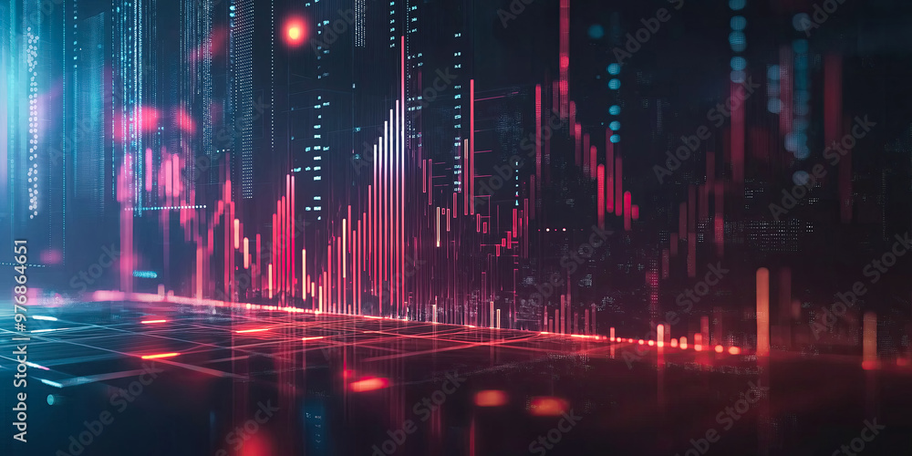 Abstract glowing cityscape with vertical red and blue lines resembling stock market charts on a dark digital background Abstract glowing cityscape with vertical red and blue lines resembling stock market charts on a dark digital background