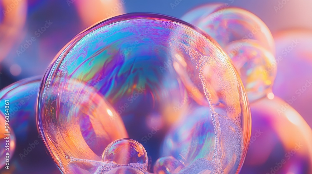 Macro image of multicolored, transparent soap bubbles with holographic effects, capturing their beautiful, iridescent surfaces Macro image of multicolored, transparent soap bubbles with holographic effects, capturing their beautiful, iridescent surfaces