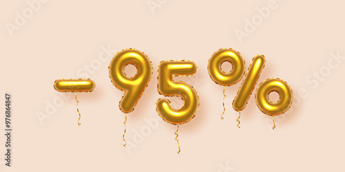 Gold numbers with sales discount 95 percentages. Season sale symbols in form of golden decorative balloon number 95, minus and percent signs. Promotion banner on beige background vector illustration.
