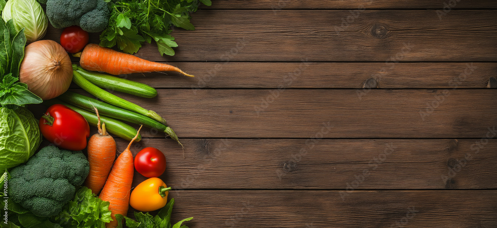 Healthy food concept. Frame of fresh vegetables on rustic wooden background with copy space Healthy food concept. Frame of fresh vegetables on rustic wooden background with copy space