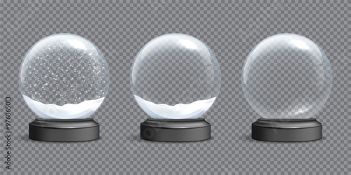 Snow globes template vector set. Empty glass snowballs with snow and snowflakes on gray base. Christmas and New Year design elements on transparent background.