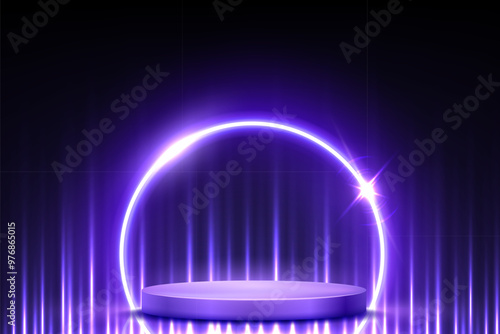 Blue violet podium for awards or product display vector illustration. Abstract empty 3d stage with neon glowing round frame and light rays on dark background. Luxury product presentation.