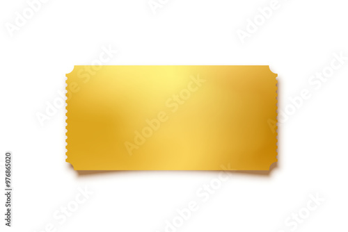 Golden ticket. Gold vector coupon, sticker or discount tag mockup isolated on white background. Cinema, theater, concert, party, event, festival invitation entrance.