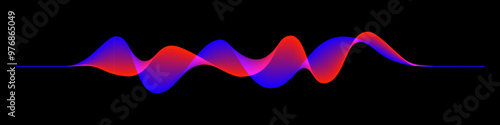 Abstract sound rhythm wave vector illustration. Blue and red flowing twisted waveforms isolated on black background, creating a vibrant and dynamic visual effect. Modern digital design element.