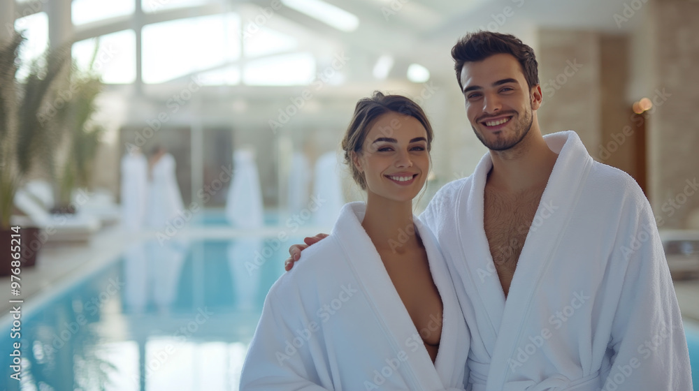 Happy couple in white bathrobes enjoying spa time