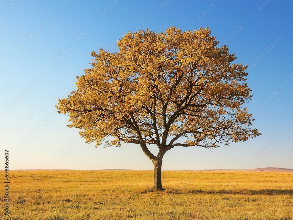 Golden autumn tree stands alone in a vast meadow under a clear blue sky at sunset Golden autumn tree stands alone in a vast meadow under a clear blue sky at sunset