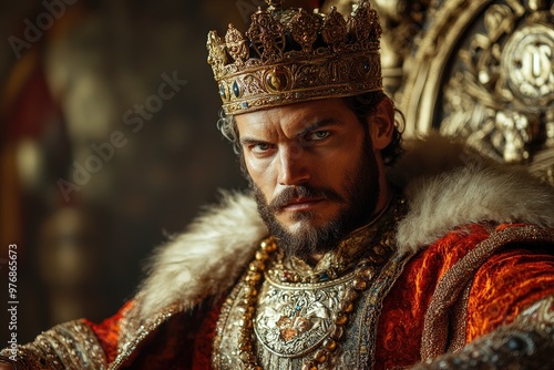 Medieval king sitting on throne with fur and golden crown photo