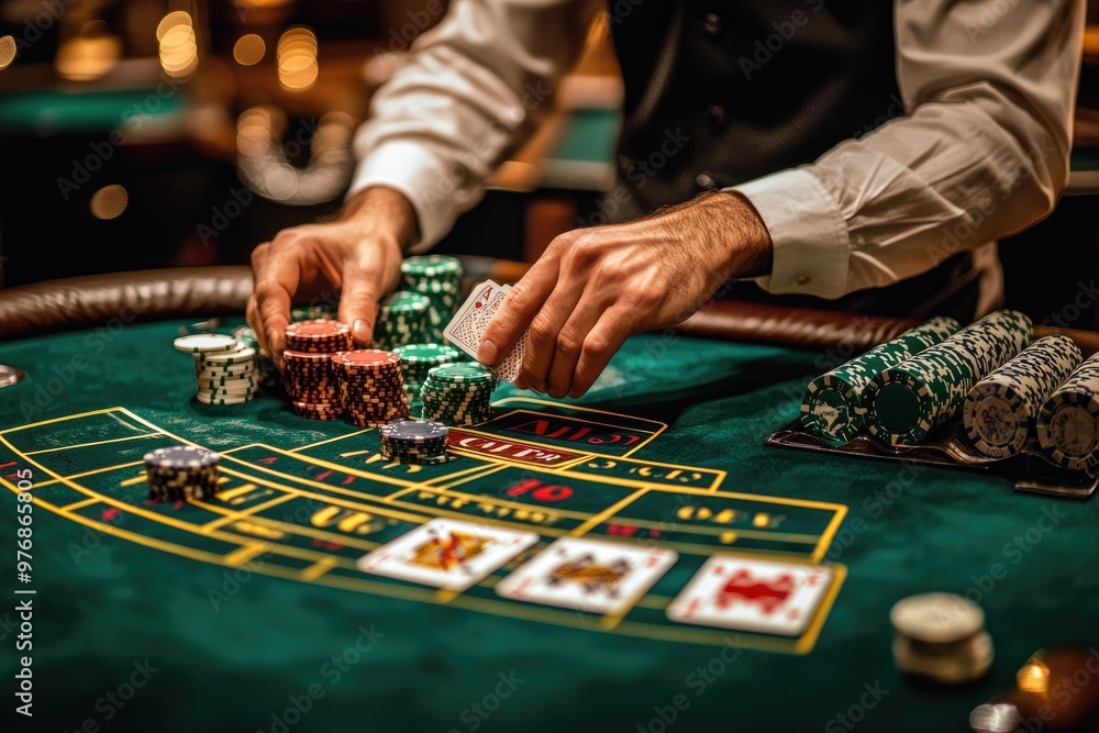 Croupier dealing cards on a blackjack table in a casino Croupier dealing cards on a blackjack table in a casino