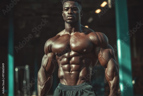 Bodybuilder posing and showing his muscles at the gym