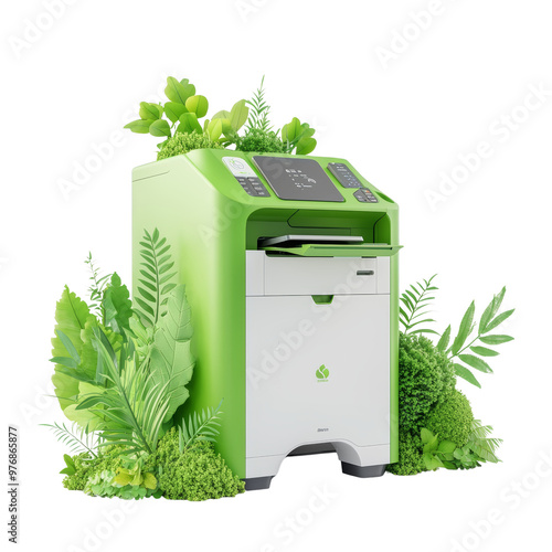 Eco friendly printer surrounded by lush green plants promoting sustainability photo