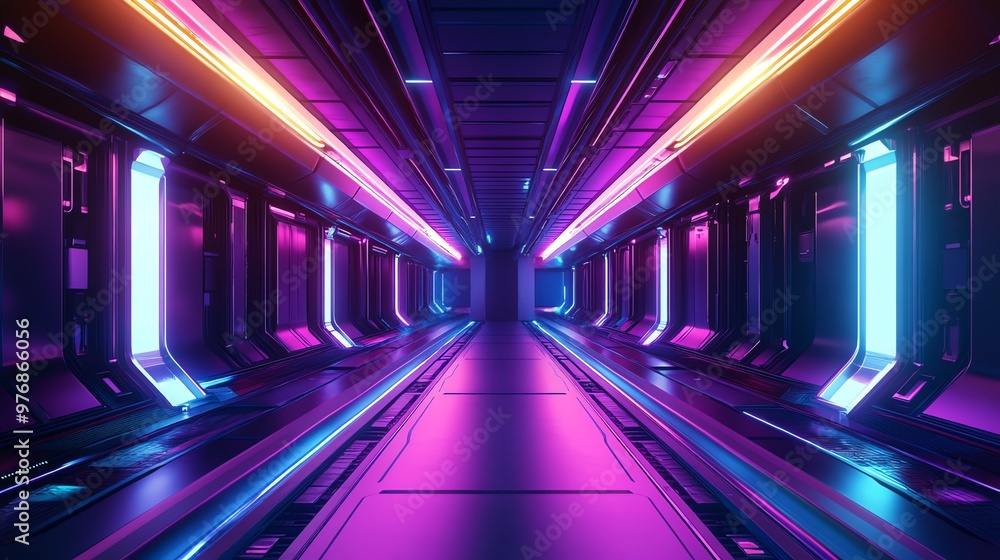 Fototapeta premium A futuristic hallway with glowing neon lights in pink and blue.