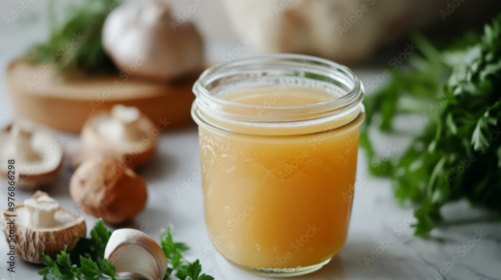 Freshly made bone broth in a jar with fresh herbs in a cozy kitchen Freshly made bone broth in a jar with fresh herbs in a cozy kitchen