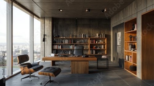 Modern concrete office with wooden elements, a large bookshelf, and expansive panoramic windows showcasing natural light. A balance of texture and space.