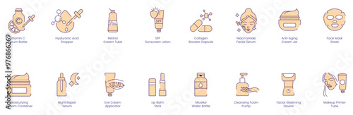 Skincare Essentials Icons: Vitamin C Serum Bottle, Hyaluronic Acid Dropper, Retinol, SPF, Collagen, Niacinamide, Anti-Wrinkle, Anti-Aging, Face Mask, Moisturizing Cream, Night Repair Serum, Eye Cream 