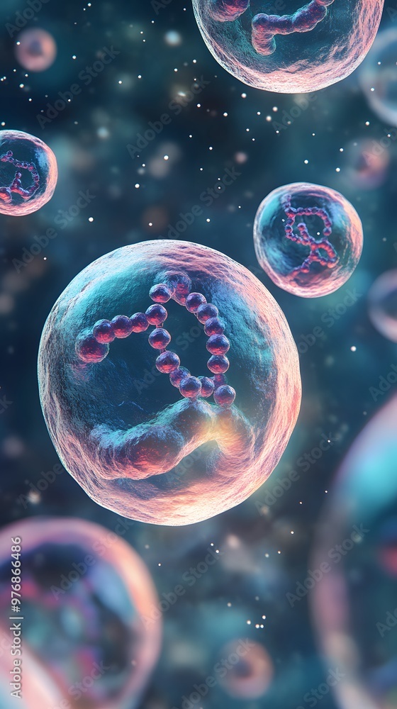 Stem Cell Research: Visualization of stem cells with DNA-like structures, floating in a laboratory environment.
Stem Cell Research: Visualization of stem cells with DNA-like structures, floating in a laboratory environment.