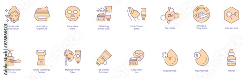 Complete Skincare Routine Icons: Niacinamide Facial Serum, Anti-Aging Cream Jar, Face Mask Sheet, Exfoliating Scrub Tube, Facial Toner Bottle, Zinc Oxide, Omega-3 Fatty Acids, Salicylic Acid 