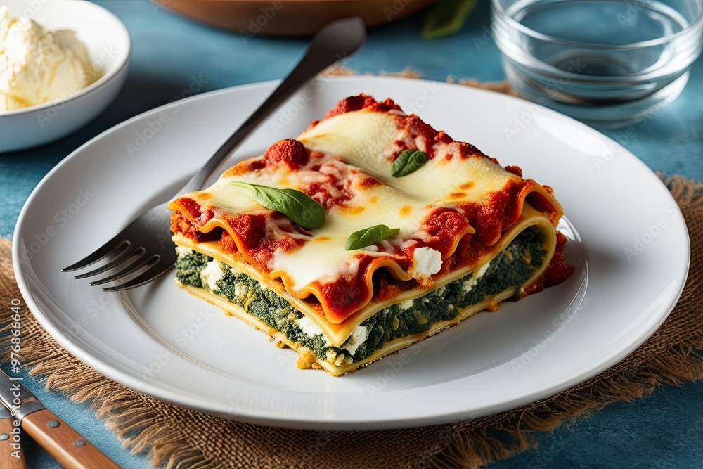 Spinach and Ricotta Vegetarian Lasagna Slice on White Plate in Italian Cuisine Spinach and Ricotta Vegetarian Lasagna Slice on White Plate in Italian Cuisine