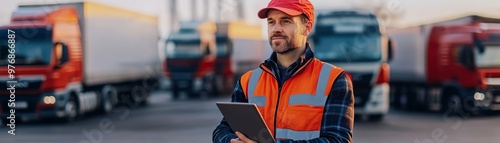 Truck Driver Using Digital Tablet for Logistics and Delivery photo