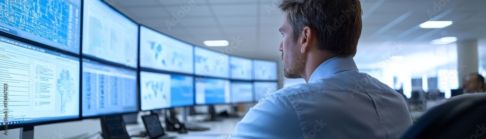 Businessman Monitoring Data on Multiple Screens in Office Businessman Monitoring Data on Multiple Screens in Office