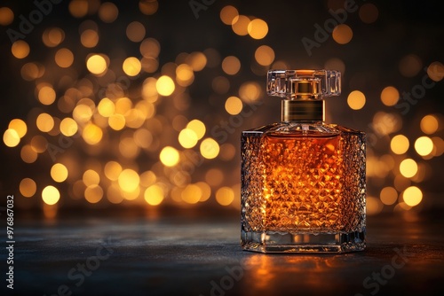 Elegant perfume bottle sparkling on dark background with golden bokeh lights