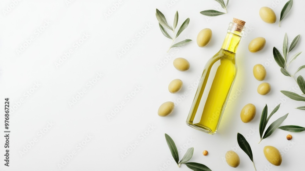 Olives with leaves and a bottle of olive oil showcased on a clean white backdrop, highlighting freshness. Olives with leaves and a bottle of olive oil showcased on a clean white backdrop, highlighting freshness.