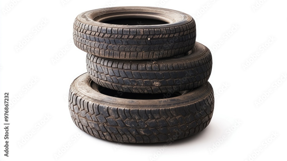 Old dirty car tires stacked isolated on white background Old dirty car tires stacked isolated on white background